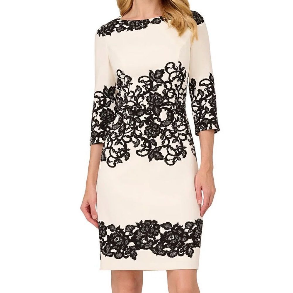 Adrianna Papell women’s 3/4 sleeve crepe lace sheath dress size 4